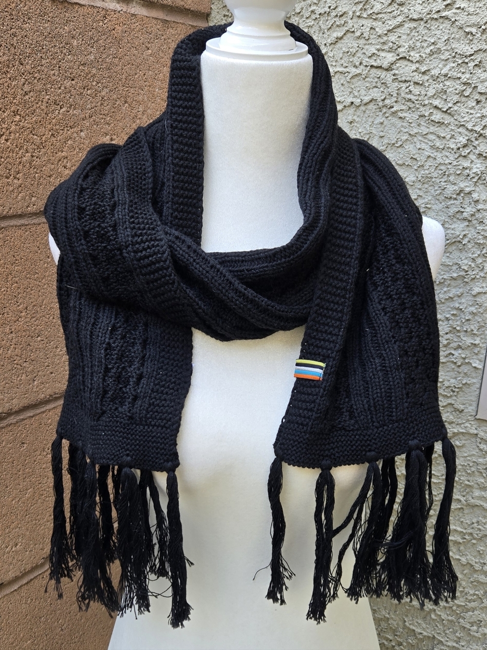 Smartwool Wool Blend Black Knit Fringe Scarf with Accent Stripe